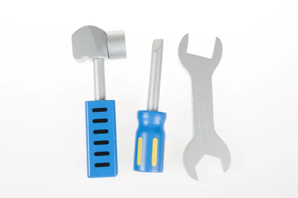 Niebieski zabawka narzędzia z tworzywa sztucznego koloru na białym tle — Zdjęcie stockowe