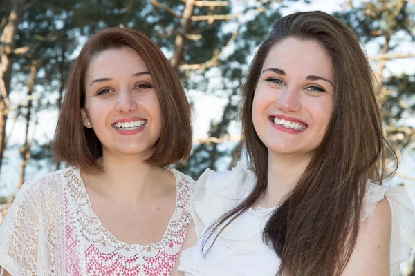 Dos graciosas mujeres cariñosas amigas riendo y besándose al aire libre — Foto de Stock