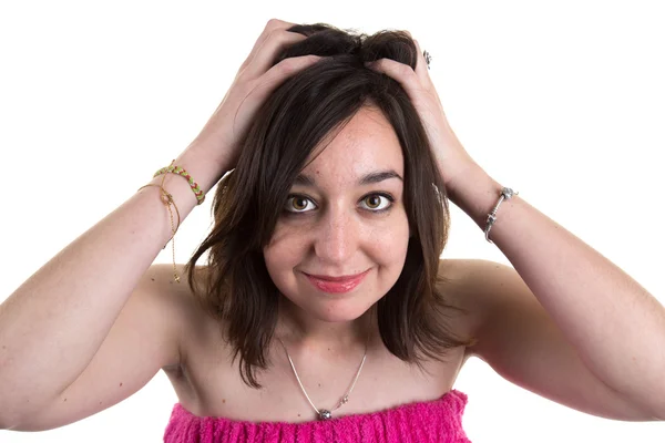 Woman runs her hands through her hair at bathroom — Stock Photo, Image