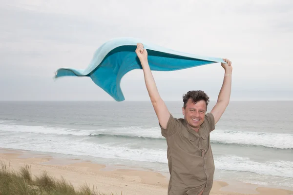 Man with towel on Beach. Travel and Vacation. Freedom Concept — Stock Photo, Image