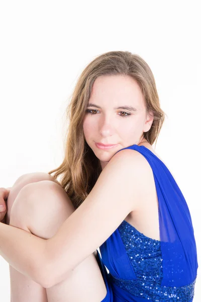 Pensive beautiful face with make-up and straight long hair — Stock Photo, Image