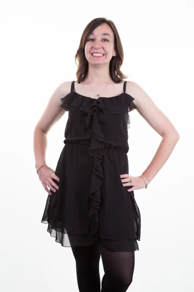 Young beautiful stylish girl walking and posing in black dress — Stock Photo, Image