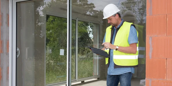 Building entrepreneur using digital tablet on site under construction outside — Stock Photo, Image