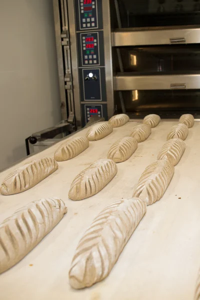 Baker taking fresh baked bread from oven. Manufacturing process — Stock Photo, Image