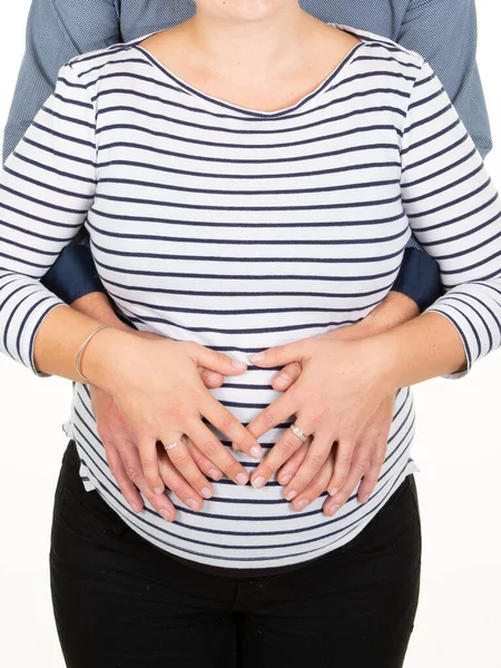 Jovem Homem Com Suas Mãos Mulher Grávida Juntos Barriga — Fotografia de Stock