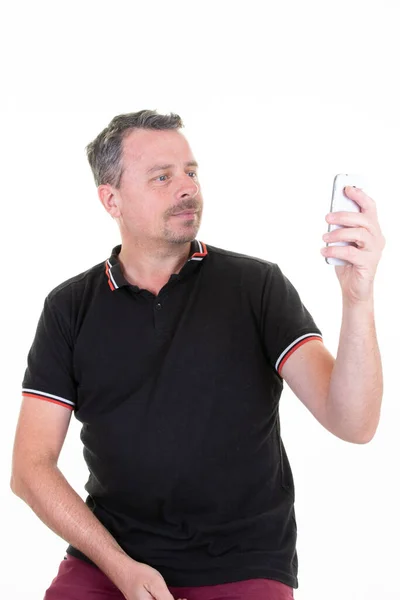 Cheerful Bearded Middle Aged Man Taking Selfie Isolated White Background — Stock Photo, Image