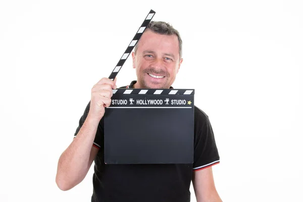 Handsome Smiling Man Actor Poses Clapboard White Studio — Stock Photo, Image