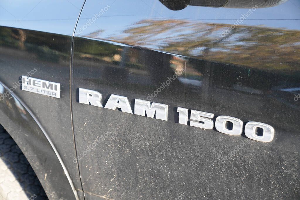 Bordeaux , Aquitaine / France -  01 09 2020 : dodge ram 1500 truck logo and sign on side car