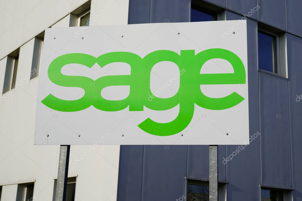 Sage logo and sign of British multinational enterprise software company based in Newcastle uk