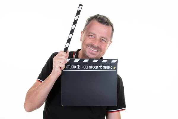 Handsome Man Holding Movie Clapper Prepares New Scene Isolated White — Stock Photo, Image