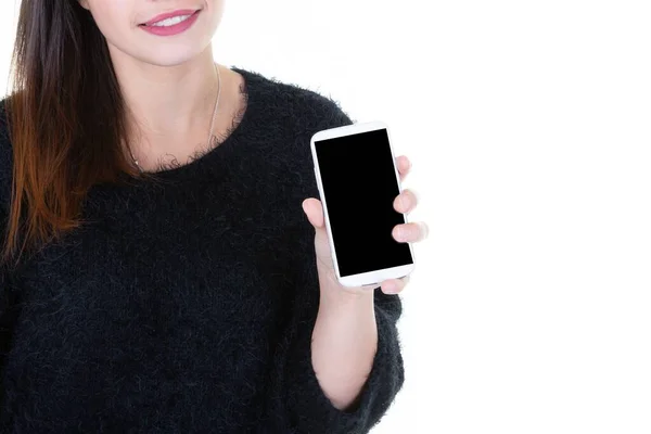 Mujer Joven Sosteniendo Teléfono Celular Mostrando Pantalla Vacía Blanco Negro —  Fotos de Stock