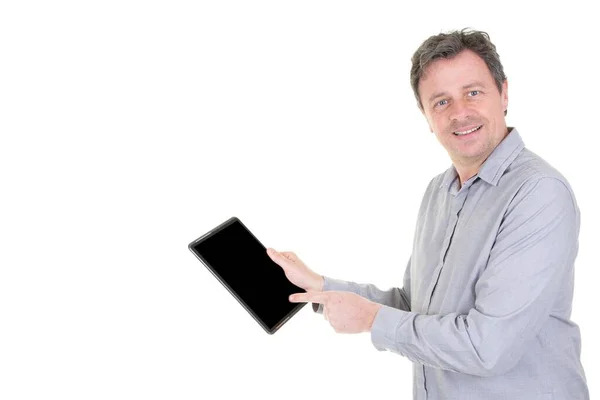 Hombre Mano Celebración Tableta Ordenador Aislado Sobre Fondo Blanco — Foto de Stock