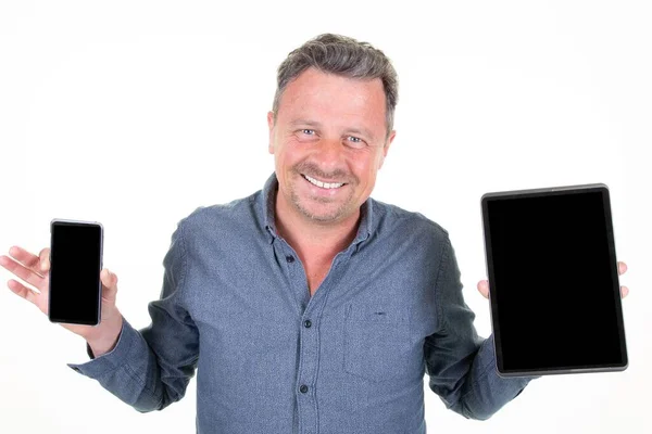 Man Standing Tablet Smartphone Both Hand Holding Black Mobile Phone — Stock Photo, Image