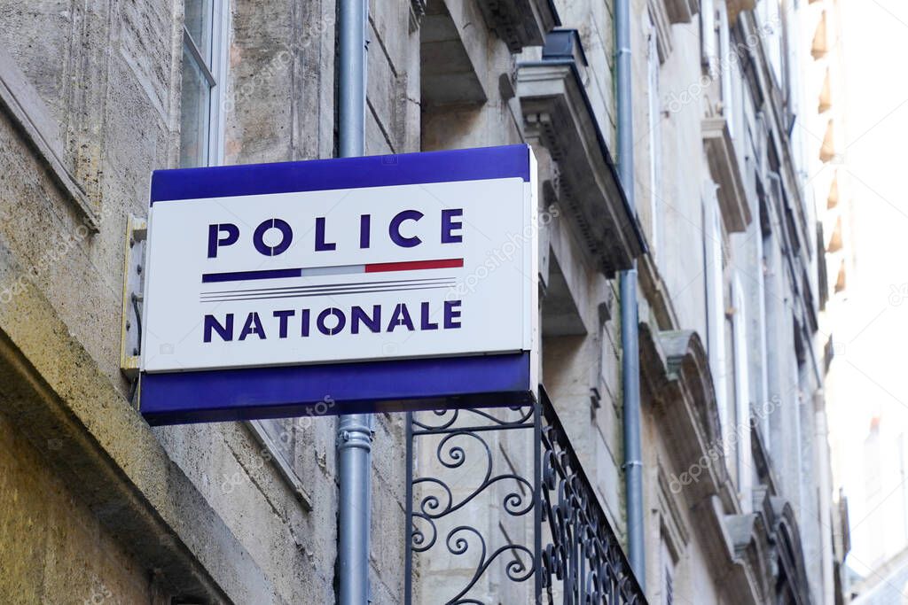 Bordeaux , Aquitaine  France - 11 21 2020 : police nationale emblem logo and text sign front of France police national country office in french city
