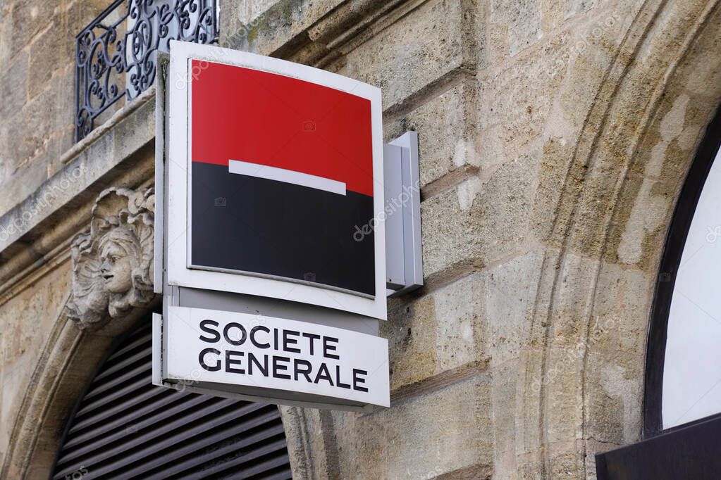Bordeaux , Aquitaine  France - 12 01 2020 : societe generale logo and sign text on french bank facade agency