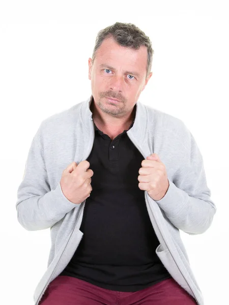Mann Ernst Wütend Gutaussehend Grauem Schweiß Lässige Kleidung Isoliert Auf — Stockfoto