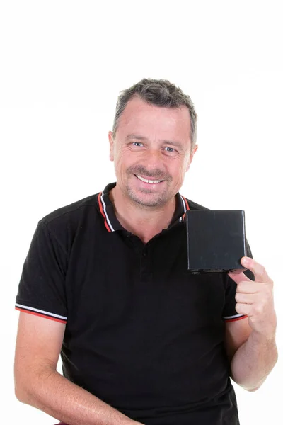 Negócio Sorrindo Bonito Homem Segurando Cartão Branco Sobre Fundo Isolado — Fotografia de Stock