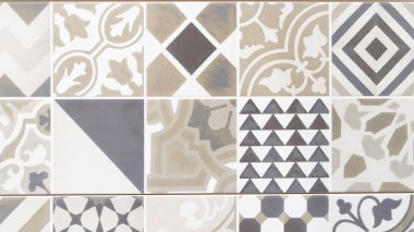 Eski fayanslı mozaik ev dekoratif sanat duvarı kiremitleri doğu tarzı tasarım arka planında