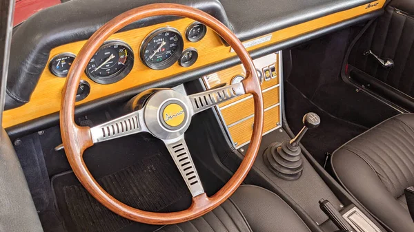 Bordeaux Aquitaine France 2020 Ferrari Dino Cabriolet Interior Wooden Steering — Stock Photo, Image