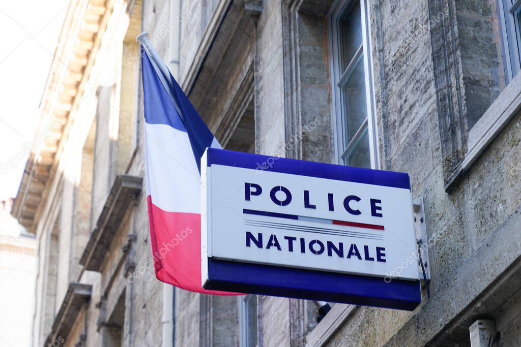 Bordeaux , Aquitaine  France - 12 15 2020 : police nationale sign text and logo with flag front of office French national police in town France