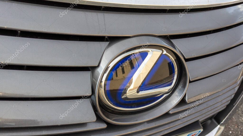 Bordeaux , Aquitaine  France - 01 05 2021 : Lexus metal chrome blue logo brand and sign closeup on front hybrid car
