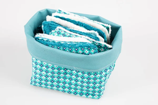 Make Removal Washable Cotton Cosmetic Pads Diy Blue Basket Isolated — Stock Photo, Image