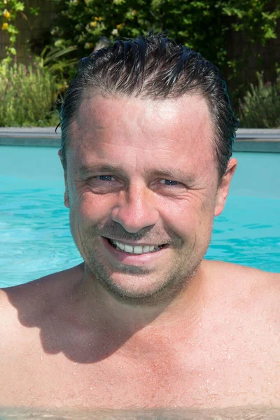 Handsome Middle Aged Man Portrait Water Swimming Outdoor Pool — Stock Photo, Image