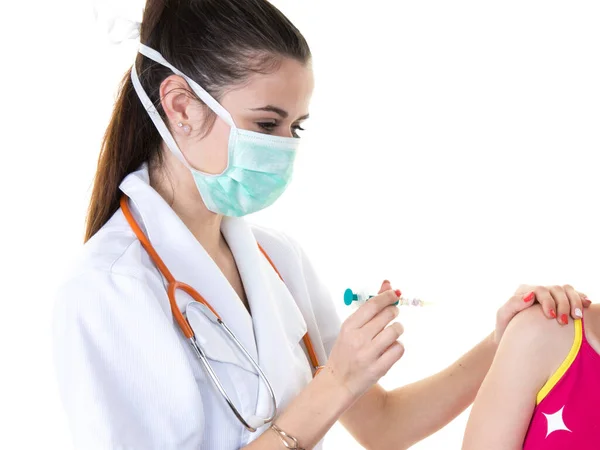 Ärztin Impft Gegen Grippe Covid19 Grippeschutzimpfung Mit Spritze Durch Krankenschwester — Stockfoto