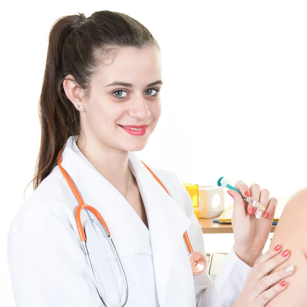 Woman Doctor Make Injection Vaccine Vaccination Medicine Clinic — Stock Photo, Image