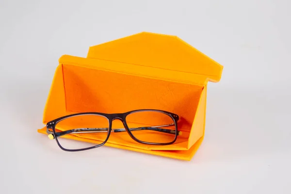 Szemüveg Doboz Narancs Tok Felső Nézet Elszigetelt Fehér Háttér — Stock Fotó