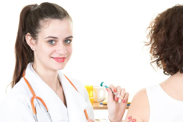 Doctor Woman Nurse Syringe Giving Injection Vaccine Covid Patient Senior — Stock Photo, Image