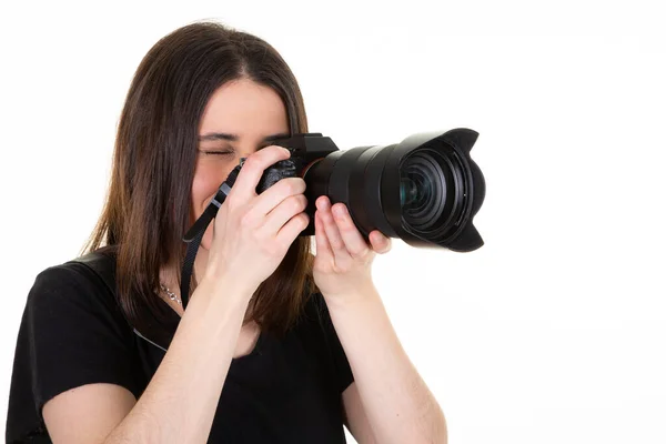 Jong Brunette Vrouw Geïsoleerde Wit Achtergrond Houden Zwart Professioneel Camera — Stockfoto