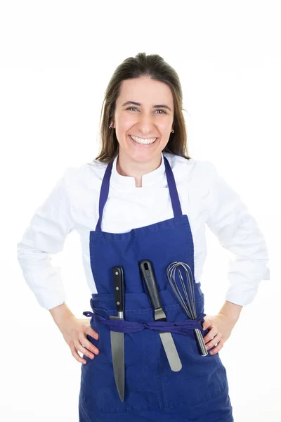 Mooie Glimlachende Vrouw Chef Kok Uniform Met Mes Gebruiksvoorwerp Bij — Stockfoto