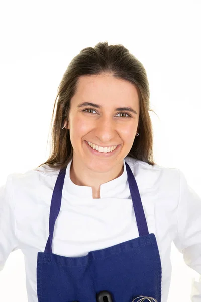 Vrouwelijke Chef Kok Blauw Schort Vrouw Portret Witte Achtergrond — Stockfoto