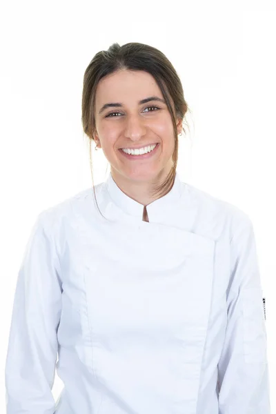 Portret Van Jonge Vrouw Chef Kok Licht Witte Achtergrond — Stockfoto