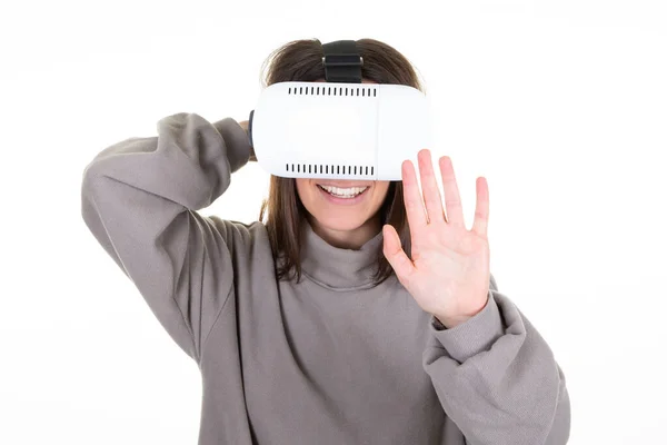 Happy Woman Wearing Virtual Reality Headset Isolated White Background — Stock Photo, Image