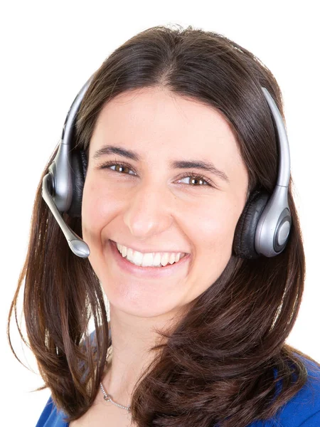 Wsparcie Operatora Telefonu Młoda Ładna Kobieta Słuchawki Callcenter Białym Tle — Zdjęcie stockowe