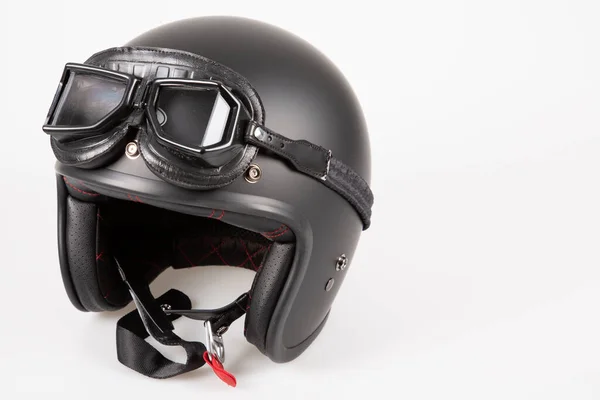 Black Motorbike Classic Helmet Vintage Retro Google Leather Isolated White — Stock Photo, Image