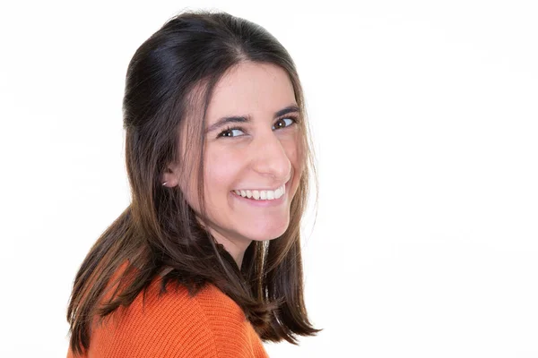 Retrato Mulher Feliz Muito Jovem Sorrindo Espaço Cópia Sobre Fundo — Fotografia de Stock