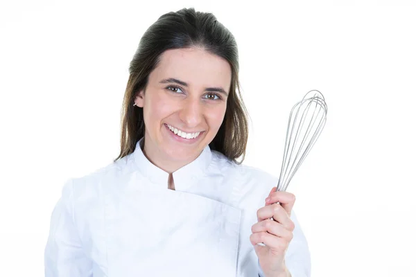 Portret Van Lachende Vrouwelijke Chef Kok Met Handklopper Witte Achtergrond — Stockfoto