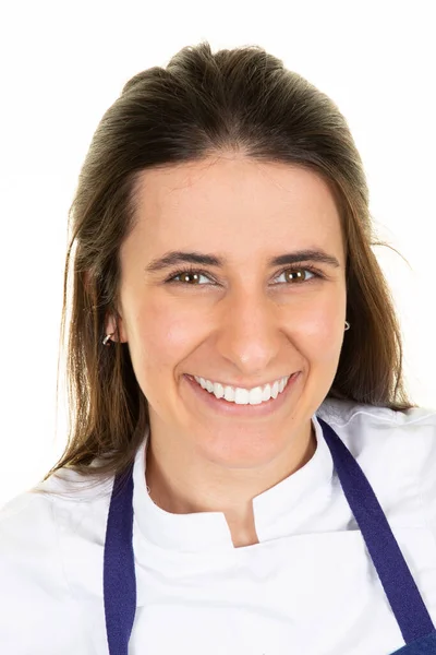 Portret Van Vrouwelijke Chef Kok Met Blauw Schort Witte Achtergrond — Stockfoto