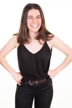 Güzel, genç ve mutlu bir kadın. Günlük kıyafetler içinde. Zayıf bir genç kız.