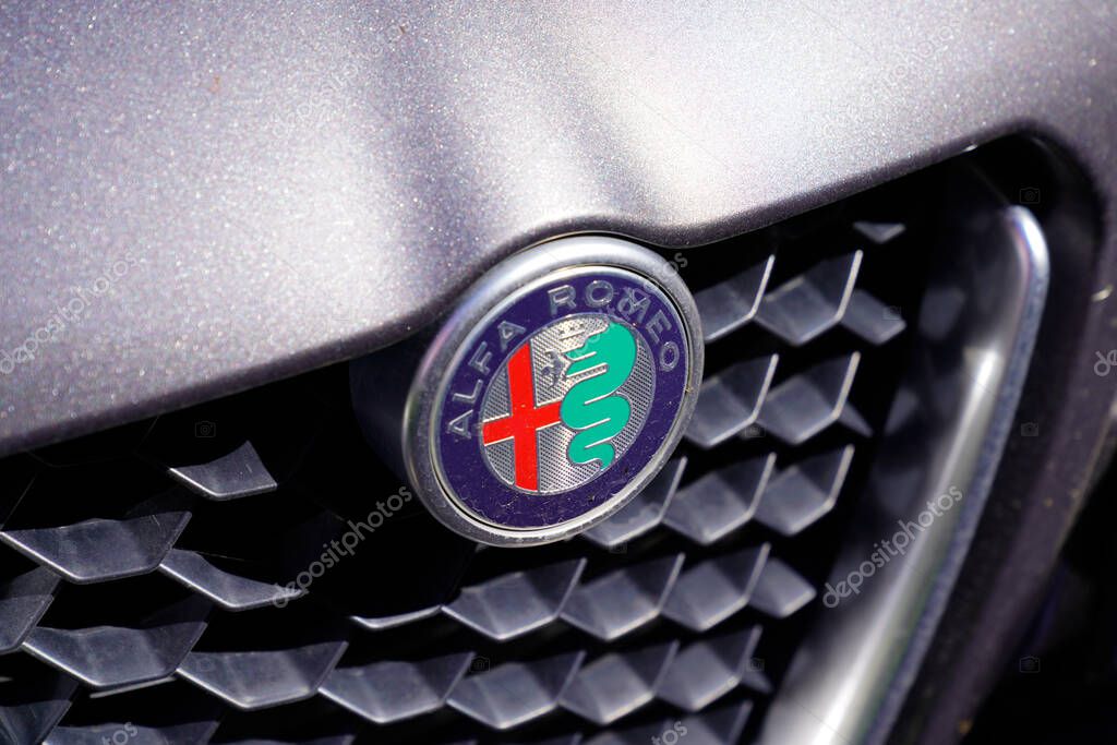 Bordeaux , Aquitaine France - 03 25 2021 : Alfa romeo giulia logo sign front silver grill italian automobile car manufacturer
