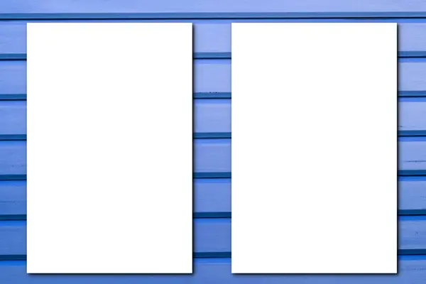 Twee Blanco Vellen Papier Voor Brochure Houten Plank Blauwe Achtergrond — Stockfoto