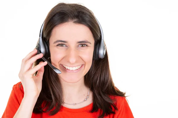 Sympathique Centre Appels Heureux Consultant Femme Souriante Avec Téléphone Casque — Photo