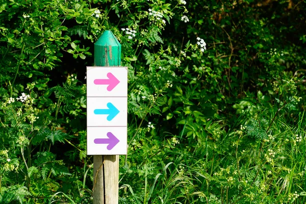 Marcas Flecha Color Para Senderos Senderismo Senderismo Bosques Parques Forestales —  Fotos de Stock