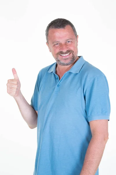 Man Handsome Smiling Happy Blue Shirt Thumb White Background — Stock Photo, Image