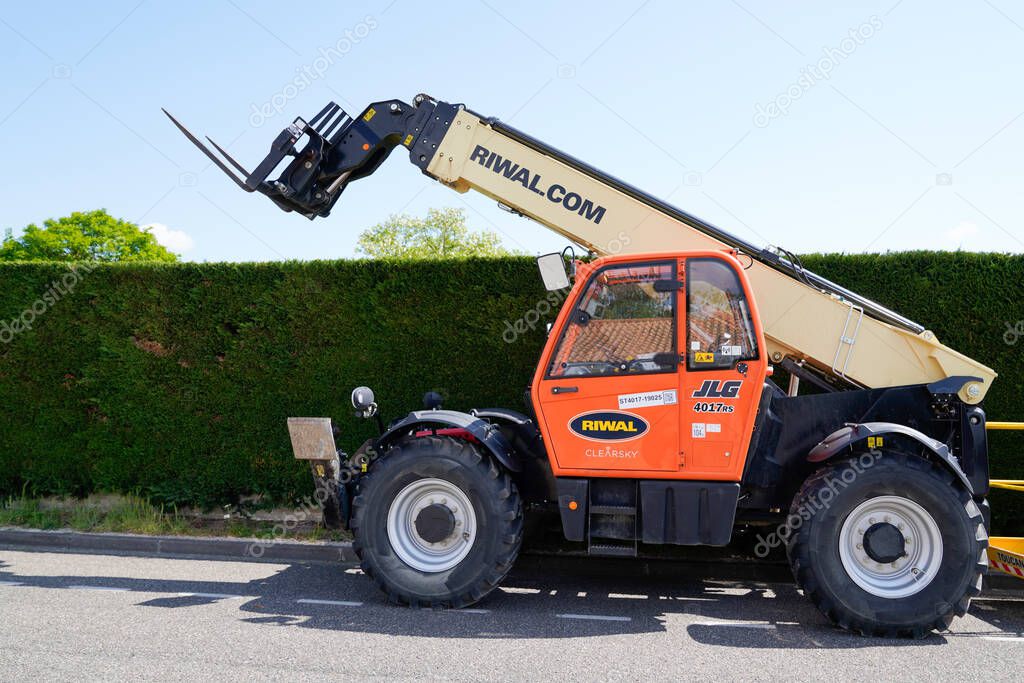 Bordeaux , Aquitaine France - 05 02 2021 : riwal clearsky logo sign brand on industrial lifting equipment rental utility vehicle in construction site