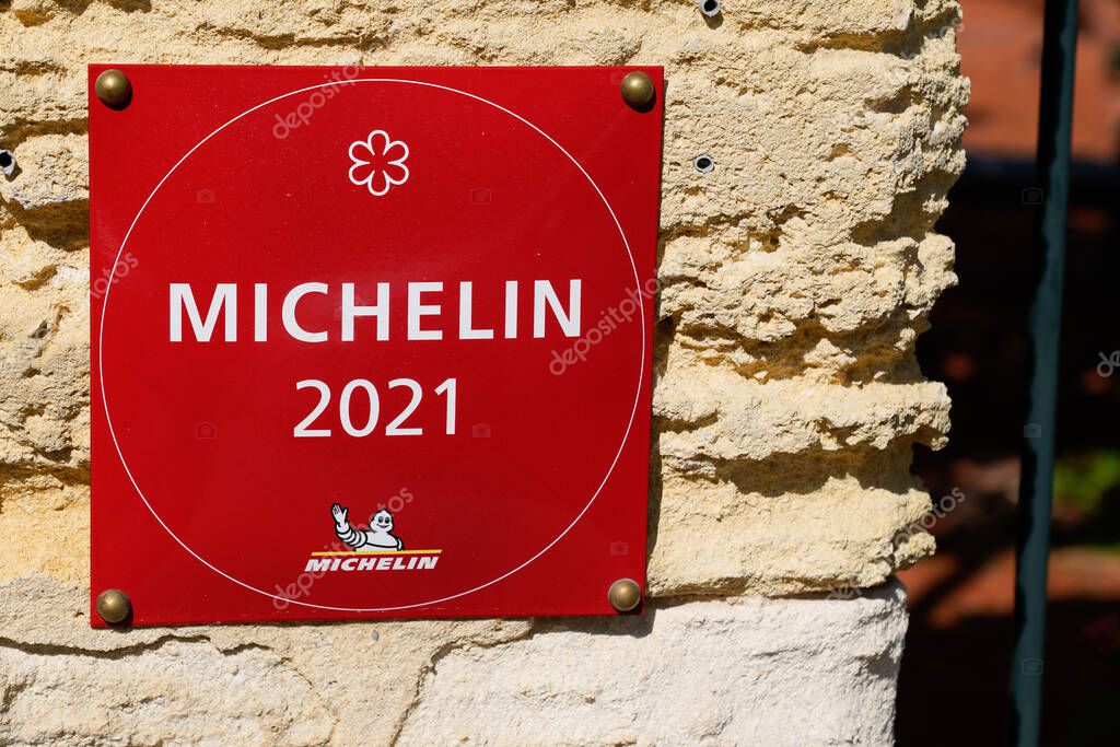 Bordeaux , Aquitaine France - 05 04 2021 : Michelin restaurant logo sign and text brand of guides books published for good place with good food