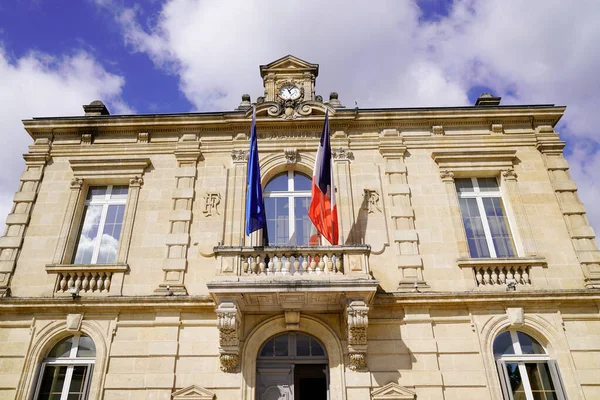 Drapeau Tricolore Europa Français Sur Mairie Texte Bâtiment Moyen Hôtel — Photo